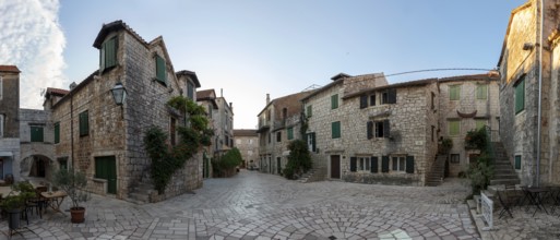 Trg Skor, Skor Square, stone houses in the old town centre, panoramic view, Starigrad, island of