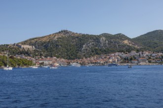 View of the harbour and the town of Hvar from the sea, island of Hvar, Dalmatia, Croatia
