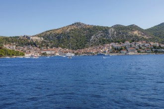 View of the harbour and the town of Hvar from the sea, island of Hvar, Dalmatia, Croatia