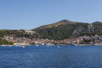View of the harbour and the town of Hvar from the sea, island of Hvar, Dalmatia, Croatia