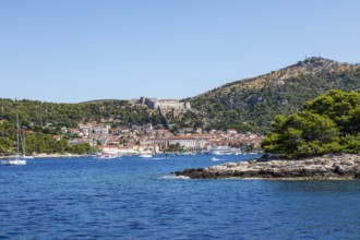 View of the harbour and the town of Hvar from the sea, island of Hvar, Dalmatia, Croatia
