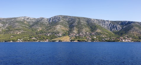 View from the sea to Ivan Dolac, panoramic view, island Hvar, Dalmatia, Croatia