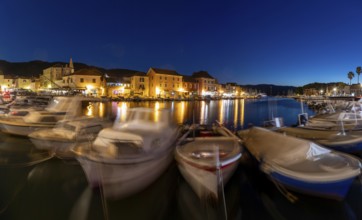 Boats in the harbour, blue hour, panoramic shot, Starigrad, Dalmatia, Croatia