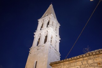 Bell tower, Church of St Stephen, night shot, Starigrad, Island of Hvar, Dalmatia, Croatia