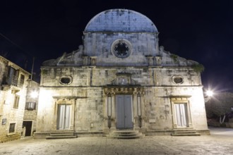 Church facade, Church of St Stephen, night shot, Starigrad, Island of Hvar, Dalmatia, Croatia