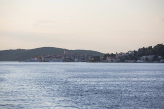 View from the sea to the old town centre of Korcula in the morning light, Korcula, Dalmatia,