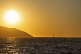 Sunset over the sea, sailing ship, near Starigrad, Dalmatia, Croatia