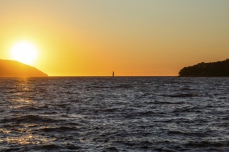 Sunset over the sea, sailing ship, near Starigrad, Dalmatia, Croatia