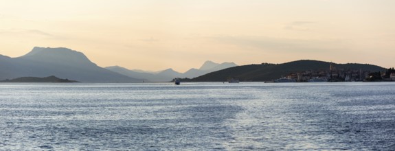 View from the sea to the Makarska mountains in the morning light, near Korcula, Dalmatia, Croatia