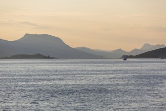View from the sea to the Makarska mountains in the morning light, near Korcula, Dalmatia, Croatia
