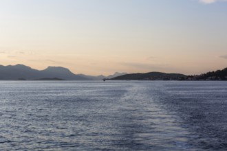 View from the sea to the Makarska mountains in the morning light, near Korcula, Dalmatia, Croatia