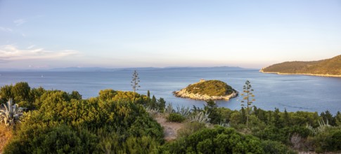 View from the island Vis to an offshore island, bay of the town Vis, panoramic view, island Vis,