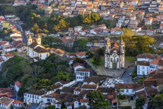 Historic center of Ouro Preto seen from above with its old houses and churches