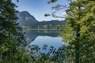 View of Lake Altaussee, framed by trees and mountains under a blue sky, Altaussee, Styria, Austria