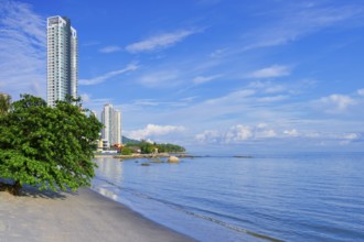 Penang skyline and beach on the Malacca Straits, Penang, Malaysia