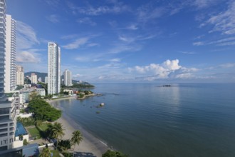 Penang skyline and beach on the Malacca Straits, Penang, Malaysia