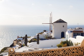 Traditional windmill, holiday homes with sea view, Oia, Thira, Santorini, Cyclades, Greece