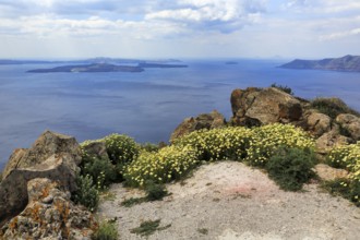 Coastline, view of the caldera, islands, hiking trail from Fira to Oia, Thira, Santorini, Cyclades,