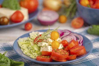Tomatoes, cucumber, onion and feta on a plate, surrounded by vegetables and herbs