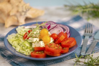Mediterranean vegetable platter with tomatoes, cucumber, onion and feta on a chequered cloth with