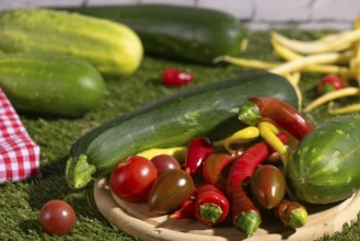 Fresh courgettes, tomatoes, cucumbers and peppers on a wooden board on grass