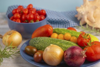 Cucumbers, tomatoes and onion on a blue plate, bowl with tomatoes in the background