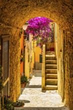 Narrow passageway on Via Roma, Capoliveri, Elba Island, Tuscan Archipelago National Park, Tuscany,