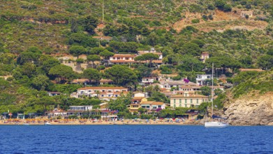 The village of Innamorata with beach, Elba Island, Tuscan Archipelago National Park, Tuscany, Italy