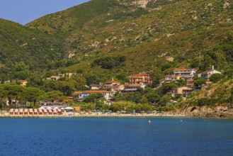 Sunbeds and parasols on the beach of Fetovaia, Elba Island, Tuscan Archipelago National Park,