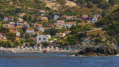 The village of Pomonte with a small beach, Elba Island, Tuscan Archipelago National Park, Tuscany,