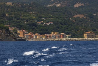 The village of Rio Marina with its pastel-coloured house facades, Elba Island, Tuscan Archipelago