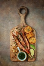 Langoustines on skewers, shrimp kebab, with fried corn, spices and herbs, homemade, no people