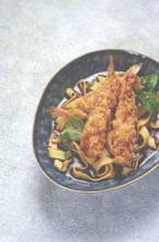 Udon noodles with shrimp in tempura, Japanese cuisine, homemade, no people