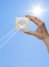 Symbolic solar energy theme showing the sun and sky with human hand holding a electrical socket