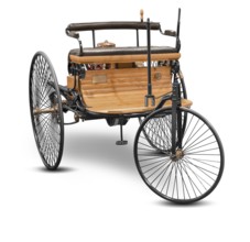 Replica of a old historic vehicle named patent motorcar isolated in white back with shadow