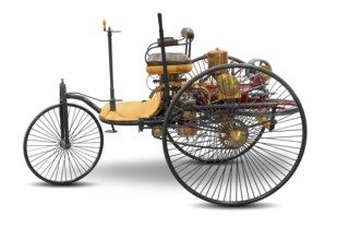 Replica of a old historic vehicle named patent motorcar isolated in white back with shadow