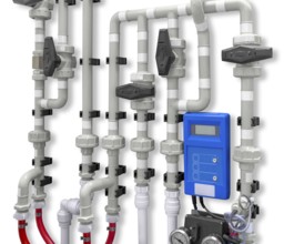 Detail of a mounted pipeline system with lots of tubes and fittings, isolated in white back with