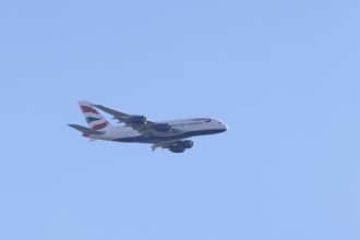 Airbus A380 jet passenger aircraft of British Airways airlines in flight, London, England, United