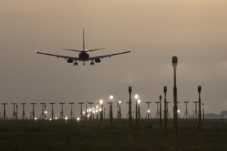 Boeing 737 jet passenger aircraft of Ryanair airlines in flight landing at sunset at London