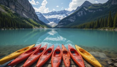 Vibrant image of kayaks lined up on a wooden dock, set against a backdrop of a turquoise lake and