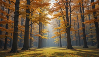 A picturesque autumn forest scene bathed in warm sunlight, with vibrant orange and yellow foliage