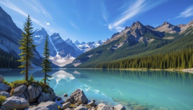 A stunning landscape featuring a turquoise lake reflecting majestic mountains and a clear blue sky,