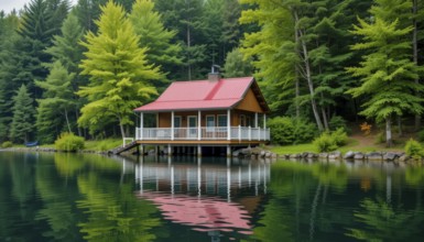 A charming lakeside cabin nestles amidst lush green trees, its reflection mirrored in the tranquil