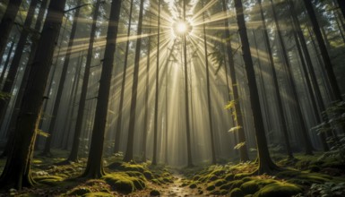 The sun shines brightly through a dense forest with a path leading into the distance, AI generated