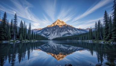 A stunning mountain range reflected in a calm lake, surrounded by lush green trees and under a