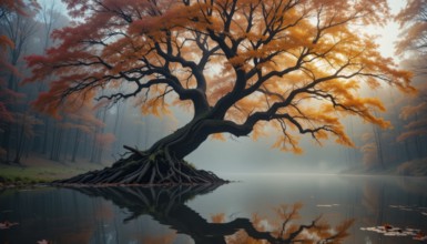 A stunning autumn landscape features a large tree with vibrant orange foliage reflected in tranquil