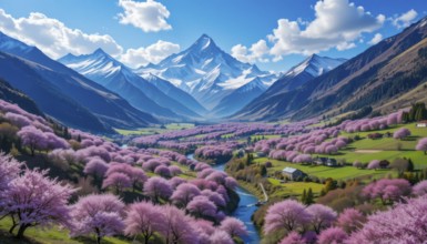 A vibrant landscape features snow-capped mountains, a winding river, and a valley filled with