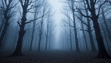 A chilling forest scene shrouded in fog, with bare trees and an eerie, atmospheric quality, AI