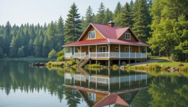 A picturesque lakeside cabin with a red roof is reflected in the calm water, surrounded by lush