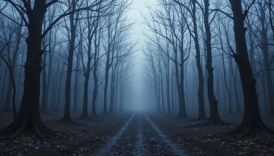 A mysterious, eerie forest road disappears into a foggy, atmospheric scene with tall, bare trees.